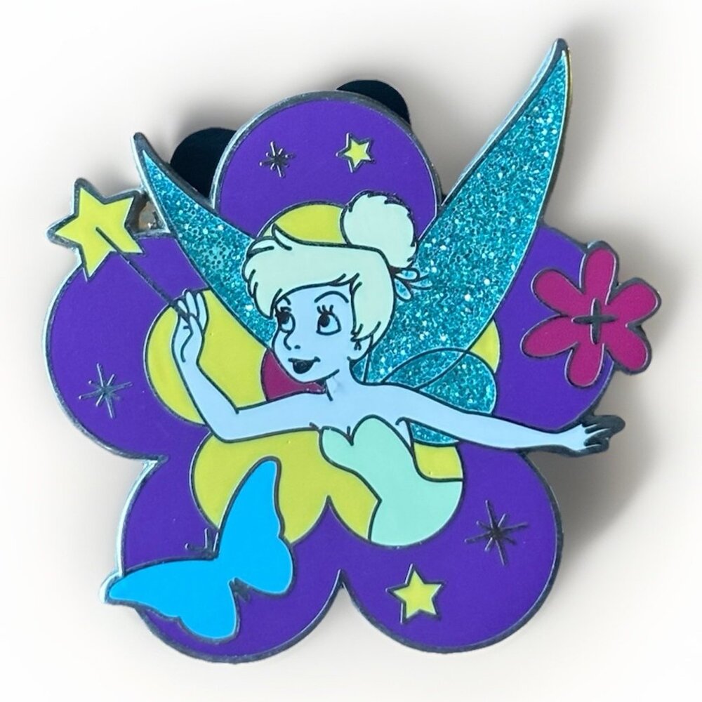 DISNEY TINKER BELL Flower Pin‎ Glitter Wings Blue Butterfly AUTHENTIC